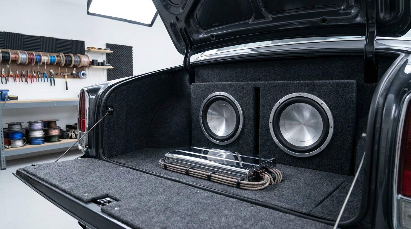 Subwoofer și amplificator montate curat în portbagaj