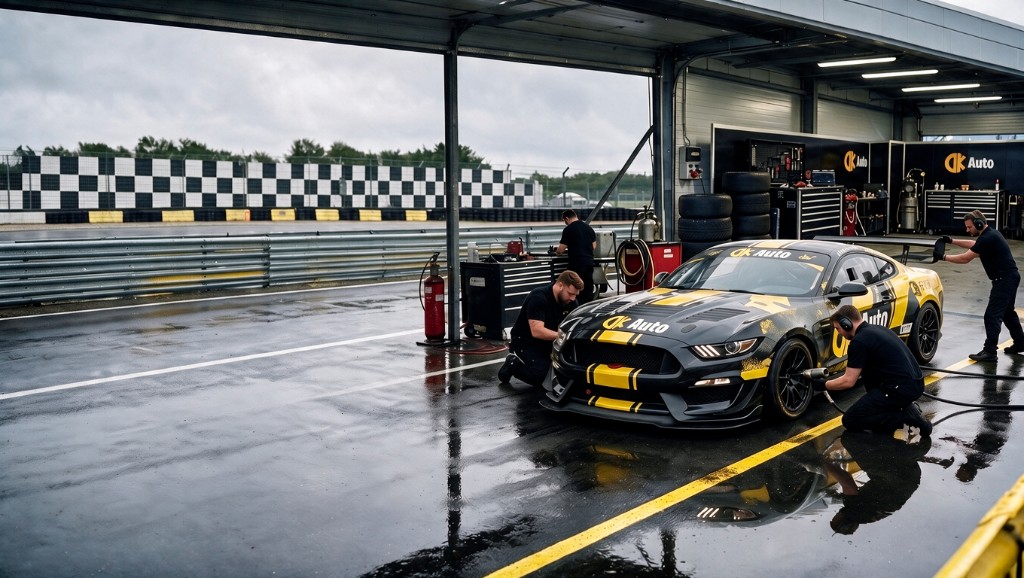 Echipă DK Auto lucrând la un Mustang de circuit