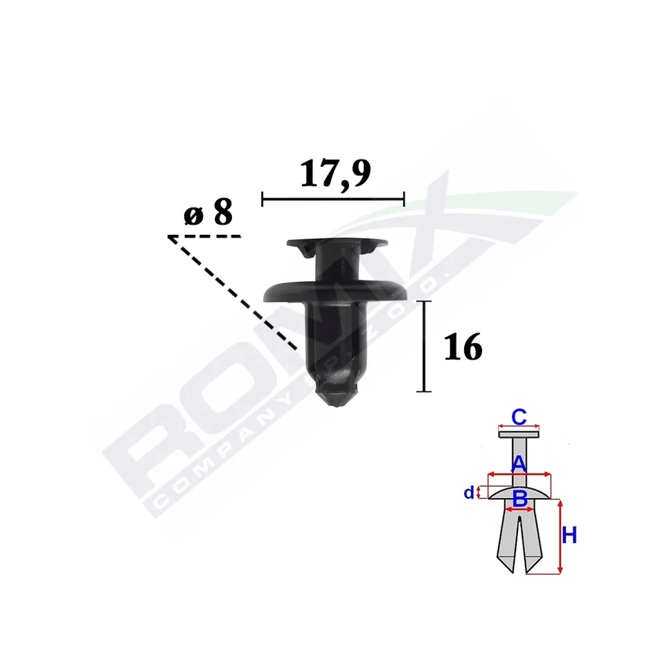 Clips Fixare Elemente Exterior Pentru Hyundai, Kia 8X16Mm Negru - Set 10 Buc, imagine produs