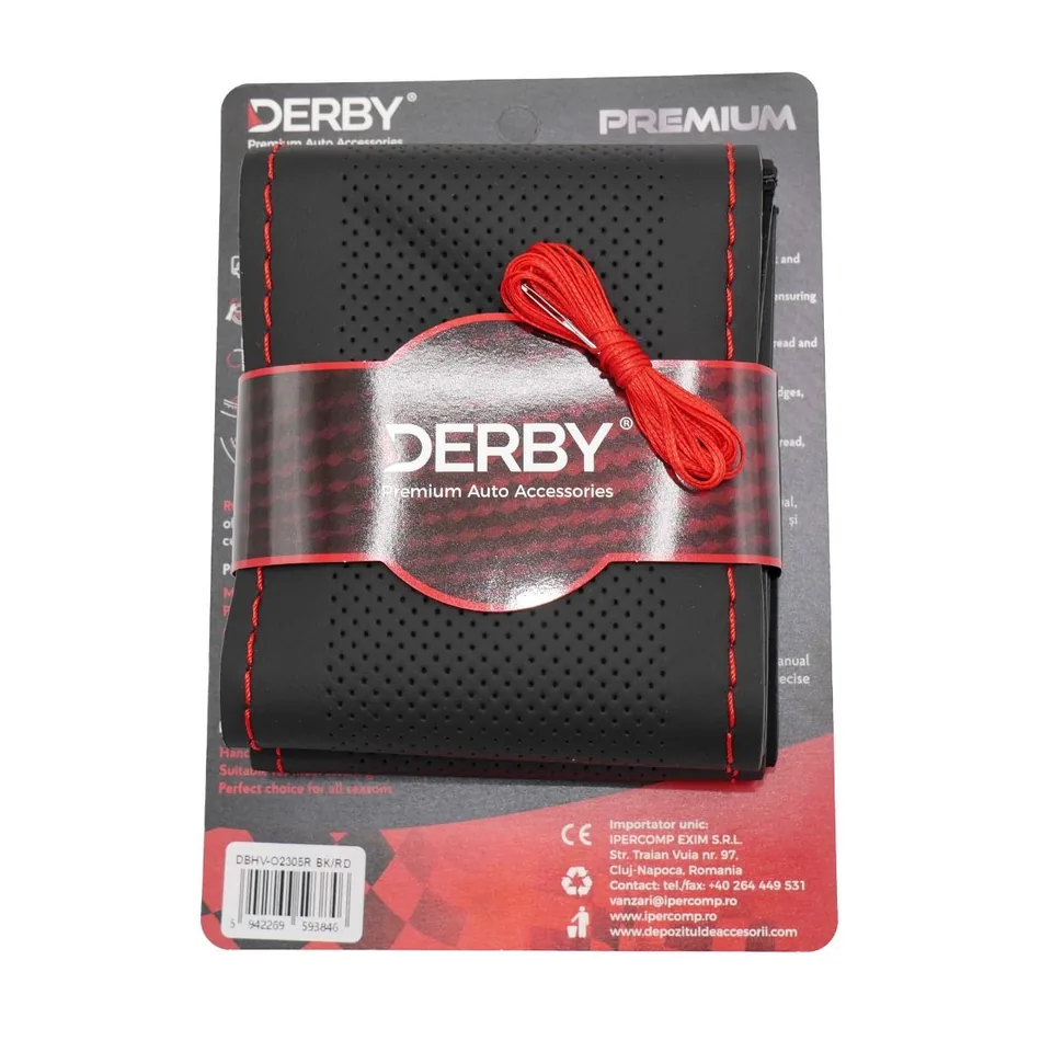 Husa volan cu ac si ata 160 gr cusatura rosie negru DERBY DBHVO2305R, imagine produs