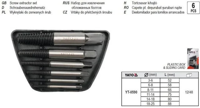 Set extractoare suruburi rupte 6 buc 3-25 mm Yato YT0590, imagine produs