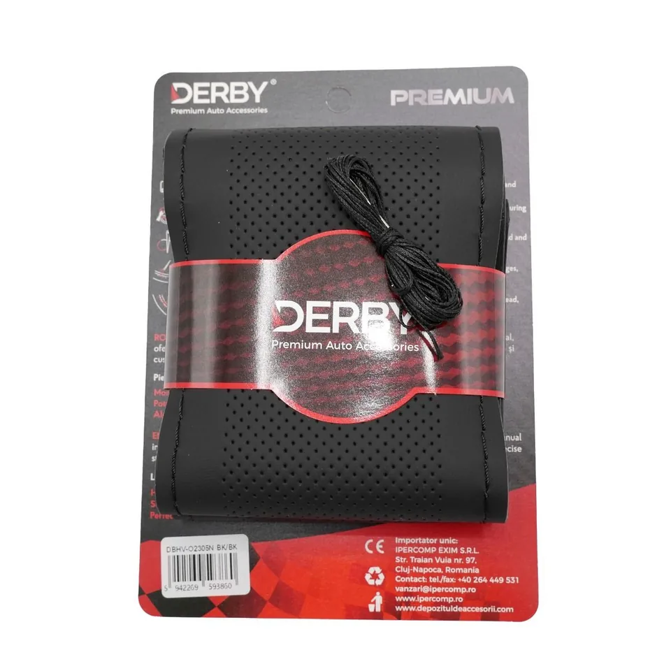Husa volan cu ac si ata 160 gr cusatura neagra negru DERBY DBHVO2305N, imagine produs