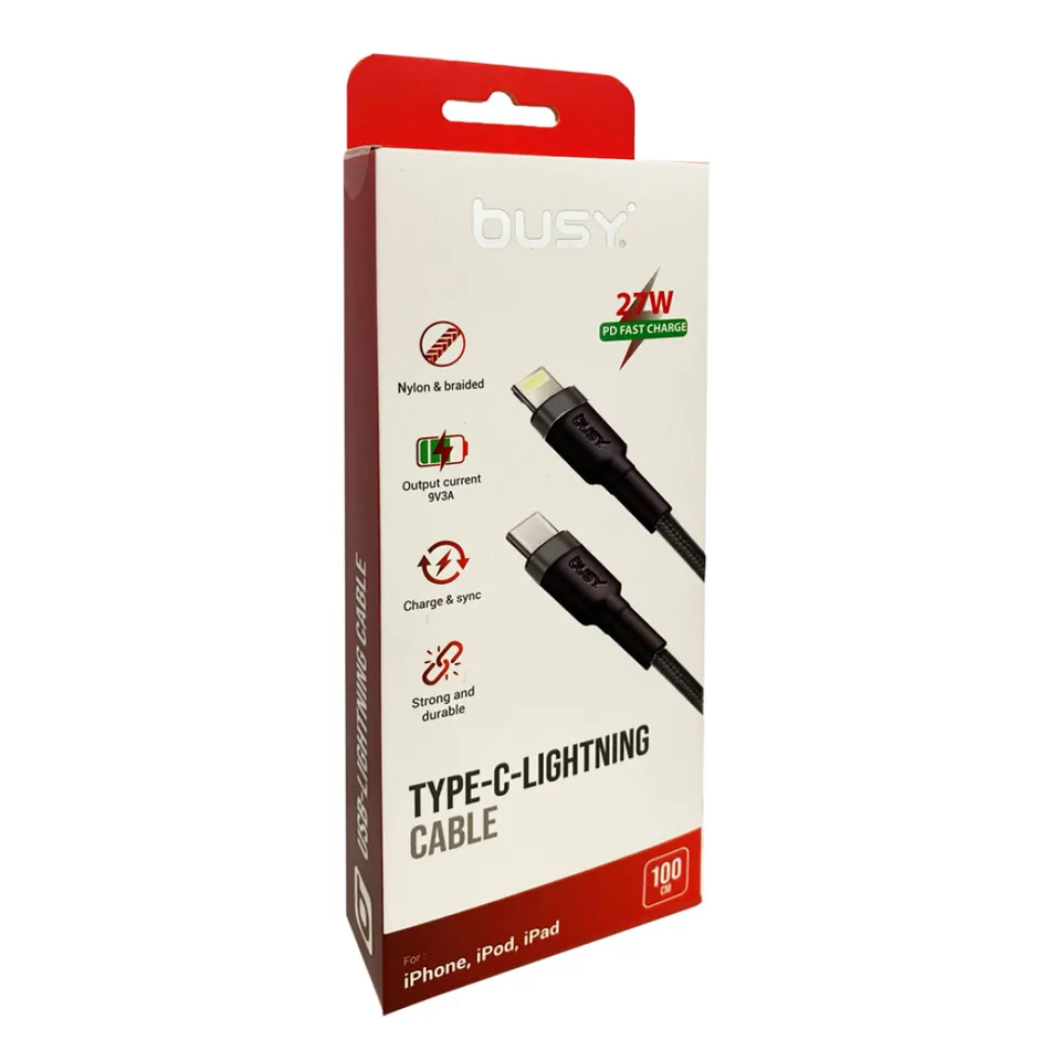 Cablu USB-C - Lightning impletit 27W 1 m negru Busy 50774, imagine produs
