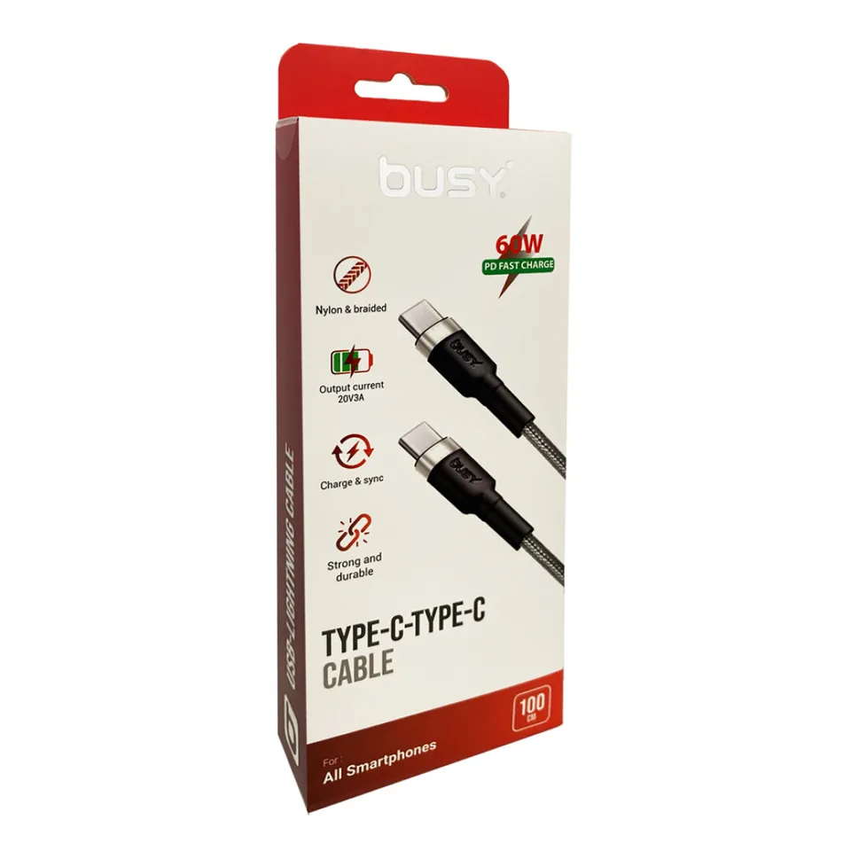 Cablu USB-C la USB-C impletit 60W 1 m argintiu Busy 50773, imagine produs