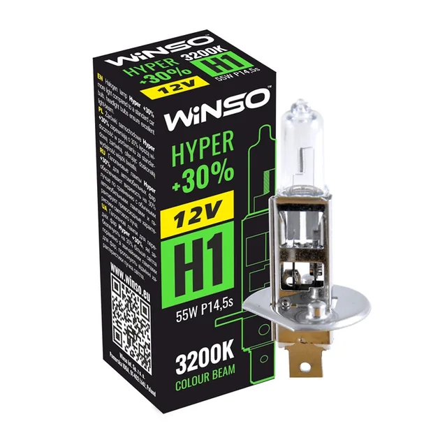 Bec H1 halogen 12V 55W 30% 3200K Winso Hyper P14.5s, imagine produs